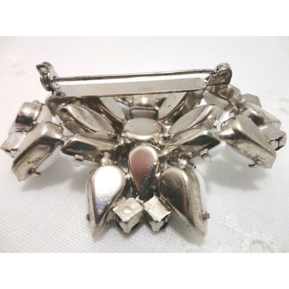 Vintage Milk Glass and Black Rhinestone Floral Design Brooch - Picture 4 of 4